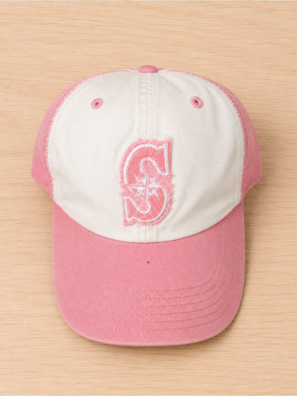 Pink and White Seattle Mariners Baseball Cap with Embroidered 'S' Patch
